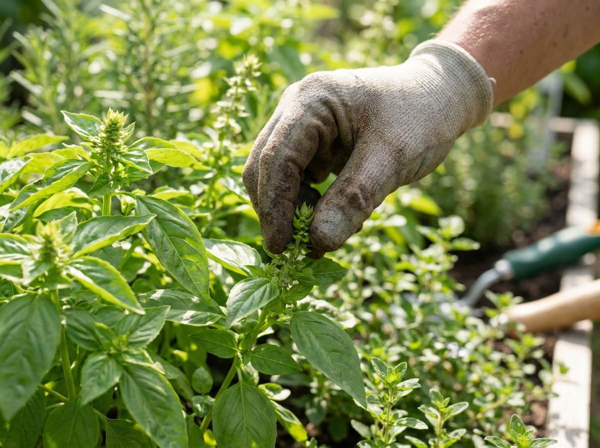 Gardener pinching out basil flower buds between finger and thumb