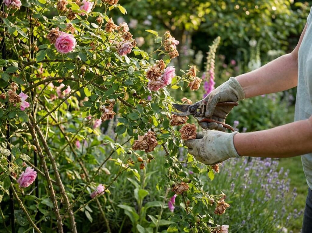 Gardener deadheading faded rose blooms on a climbing rose in summer garden