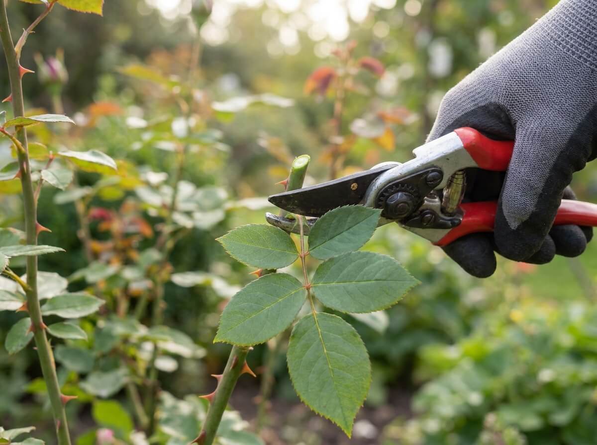 Close-up of correct rose pruning cut above a five-leaflet rose stem junction