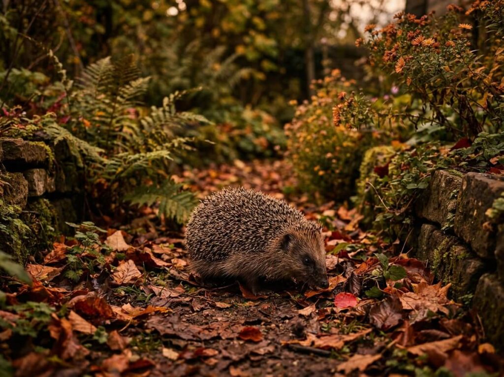 A hedgehog foraging at dusk among fallen leaves in an English garden