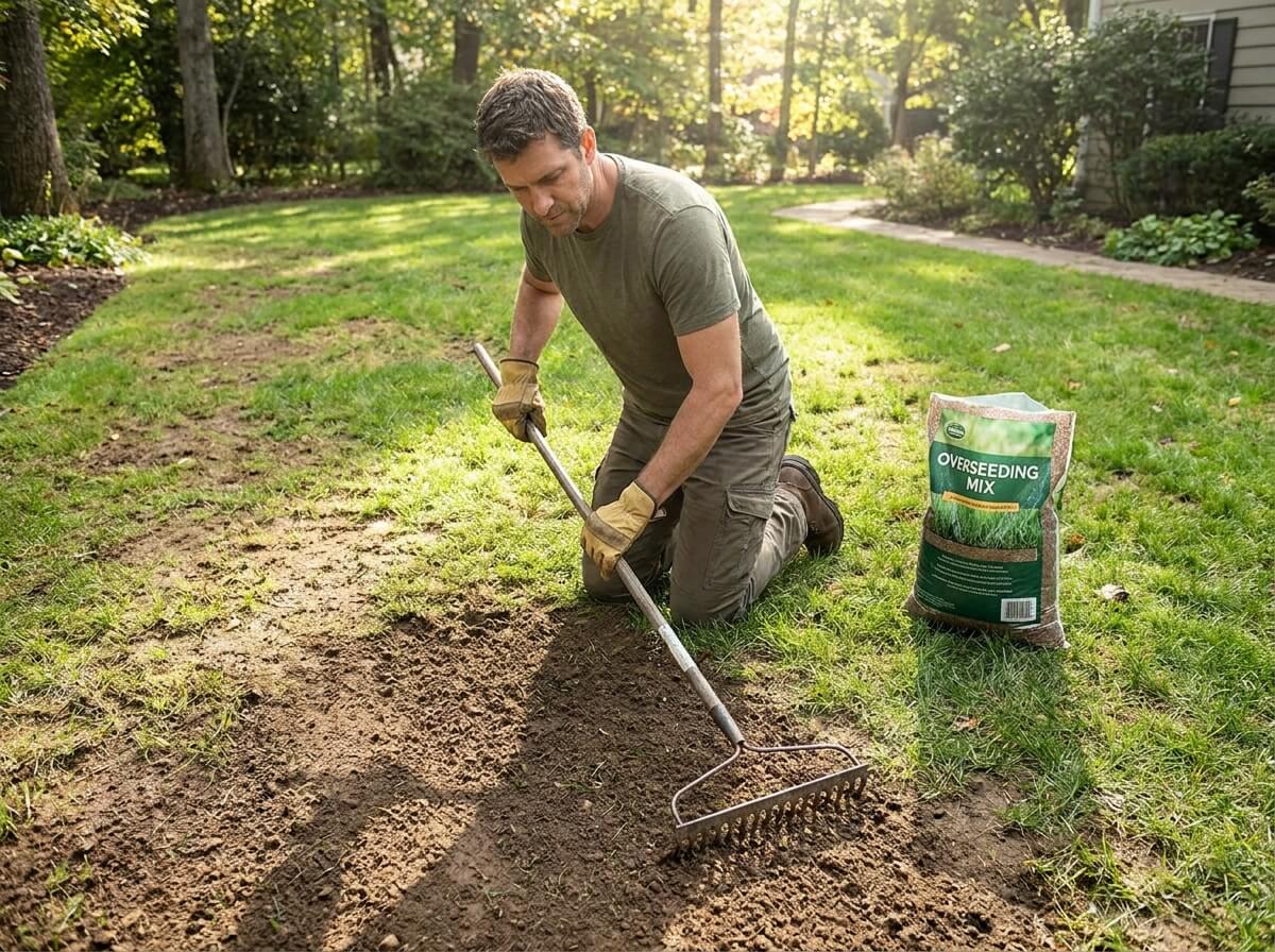 Gardener raking soil in a bare lawn patch preparing for overseeding