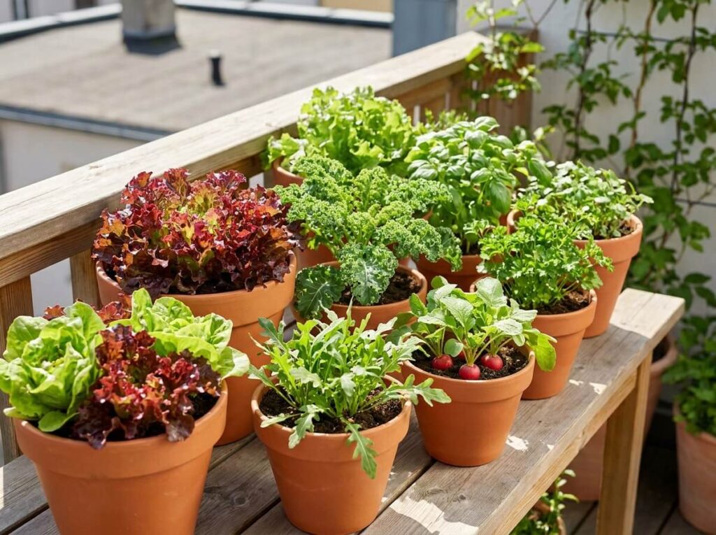 Colourful salad leaves, radishes and herbs growing in terracotta pots on a sunny balcony