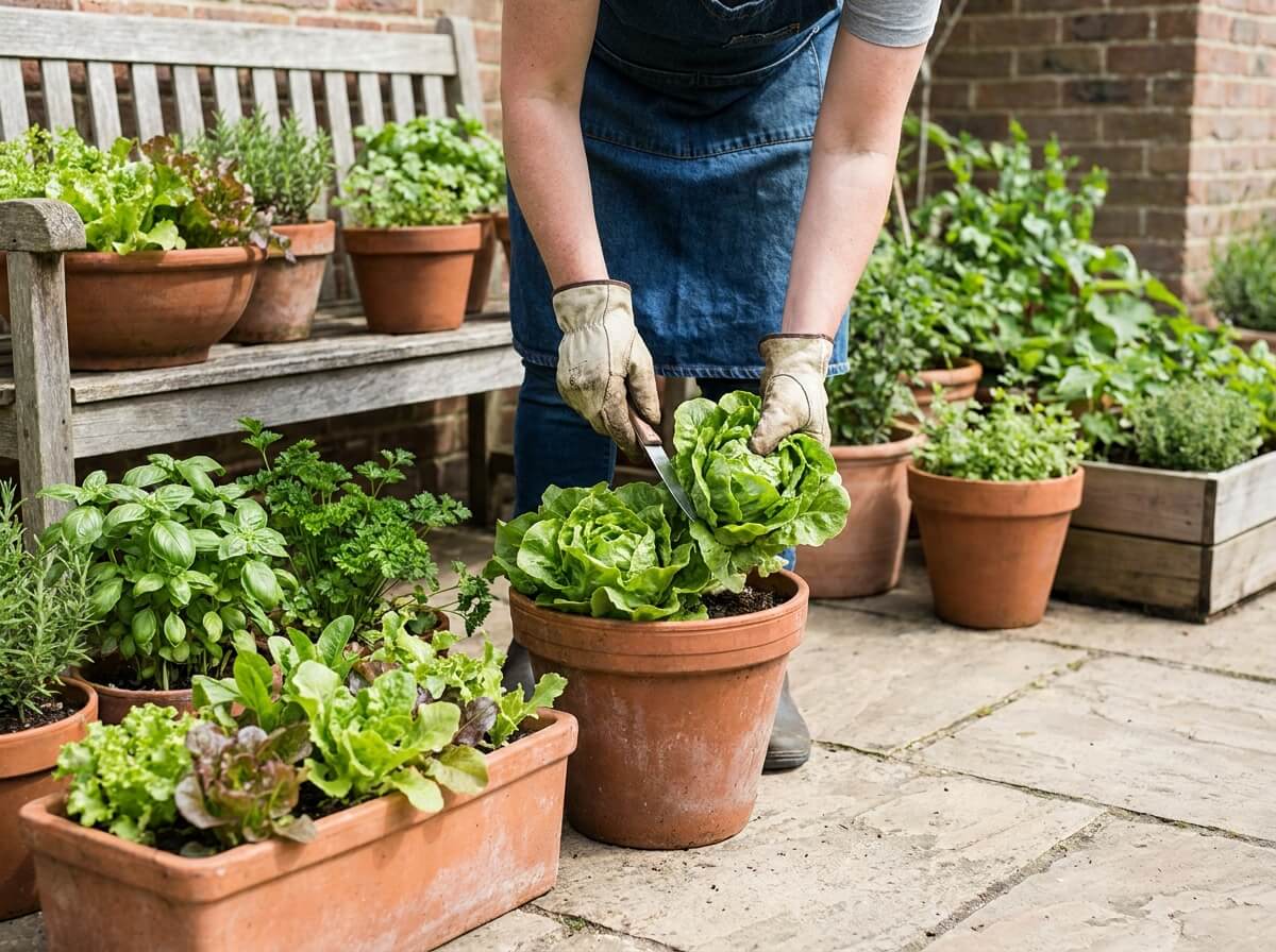Gardener harvesting fresh lettuce leaves from a container pot on a patio