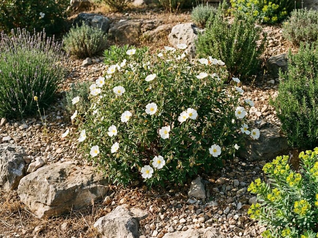Cistus shrub in full bloom with white papery flowers and yellow stamens in a dry rocky garden