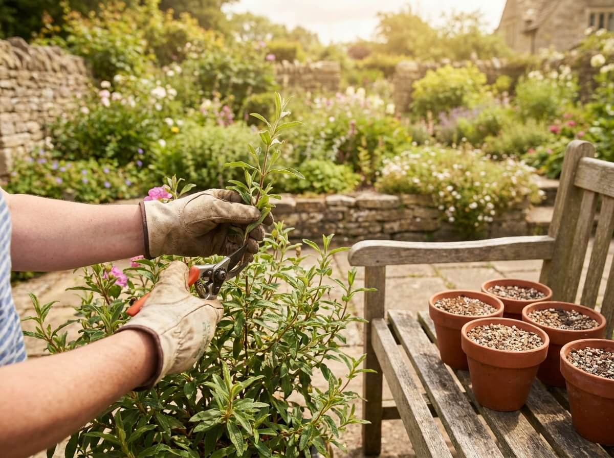 Gardener taking semi-ripe cistus cuttings in summer with secateurs and small pots