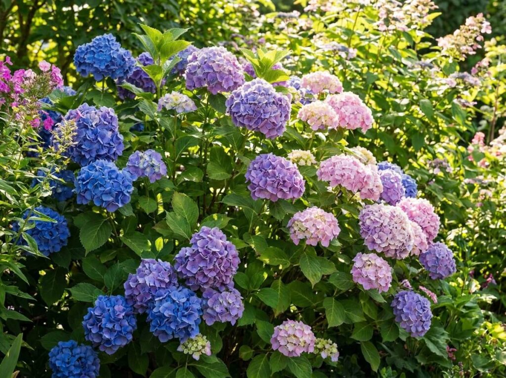 Close-up of hydrangea blooms shifting from blue to pink on the same shrub in a summer garden