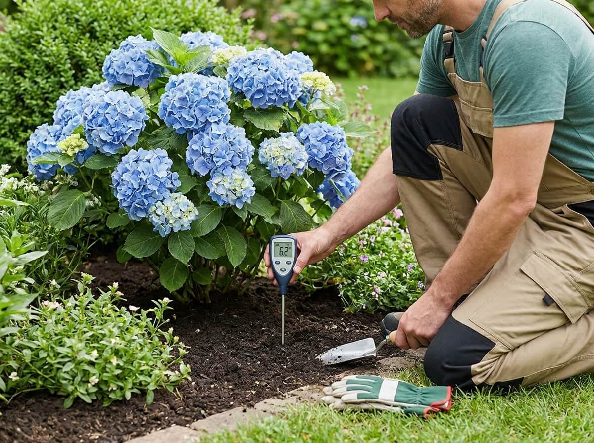Gardener testing soil pH around the base of a hydrangea bush with a pH meter