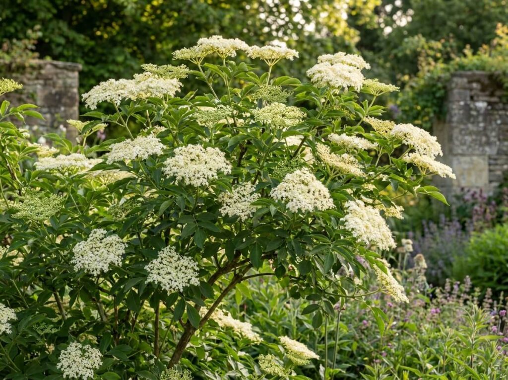 Fresh elderflower clusters in full bloom on a Sambucus nigra shrub in summer garden