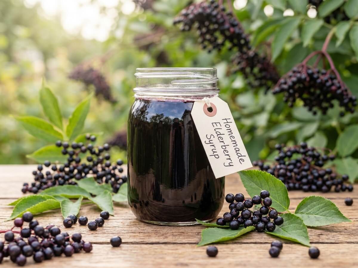 Glass jar of dark homemade elderberry syrup with fresh berries on wooden surface