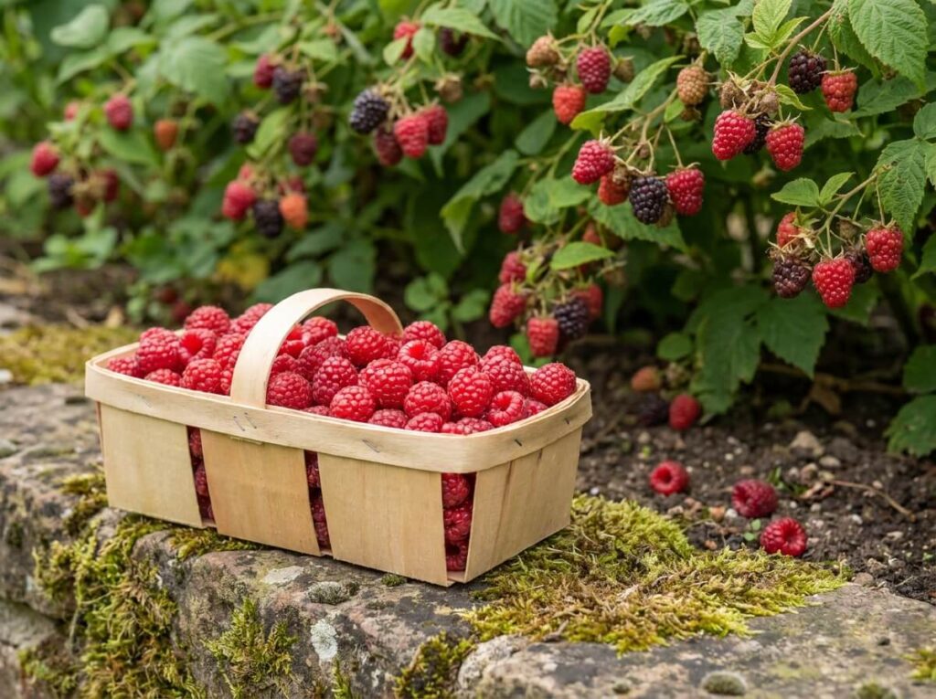 Fresh-picked summer raspberries overflowing from a wooden punnet in a garden setting