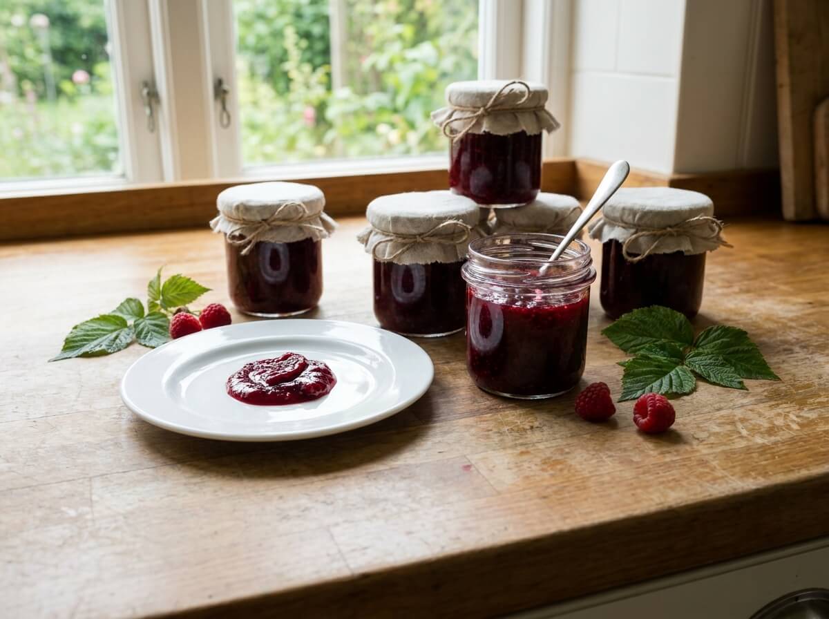 Small glass jam jars filled with deep red raspberry jam on a rustic kitchen counter