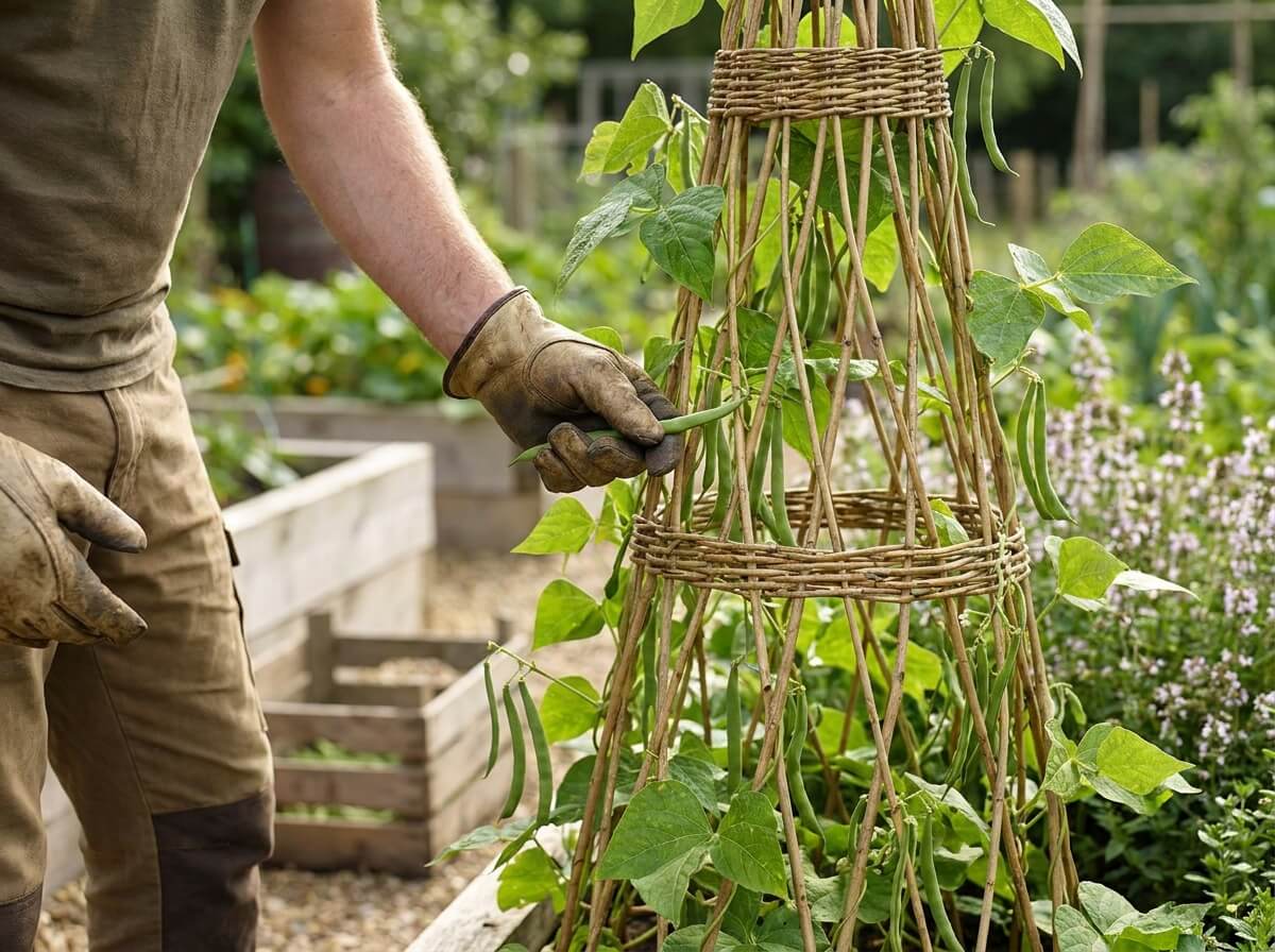Gardener hand-picking slender green French beans from a cane wigwam in a kitchen garden