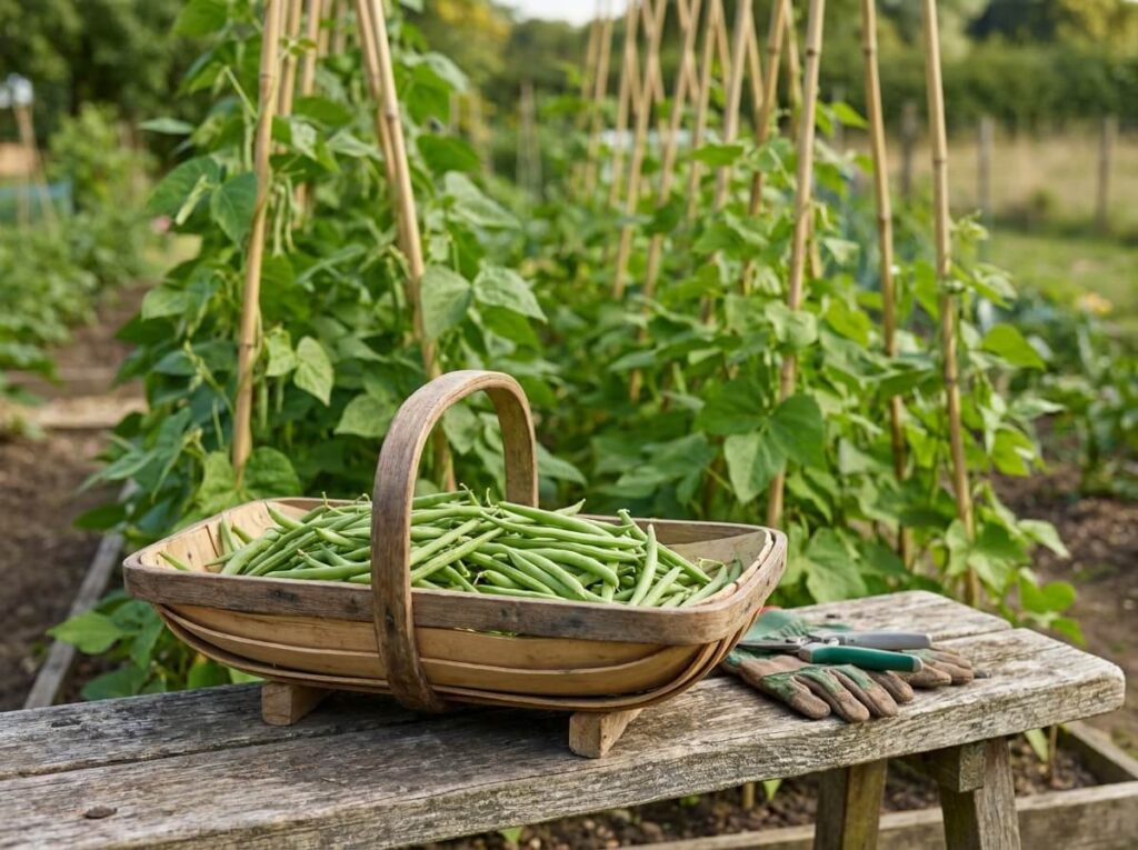 Freshly harvested French beans in a wooden trug on a garden bench in summer