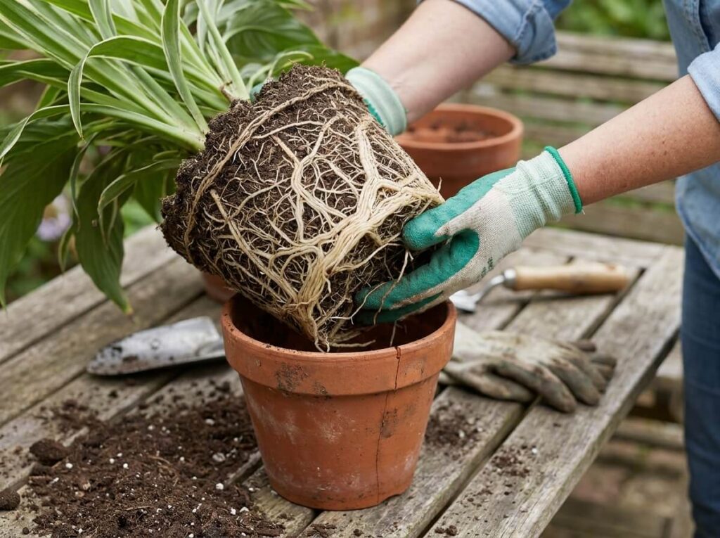Hands removing a root-bound houseplant from a too-small terracotta pot showing tangled roots