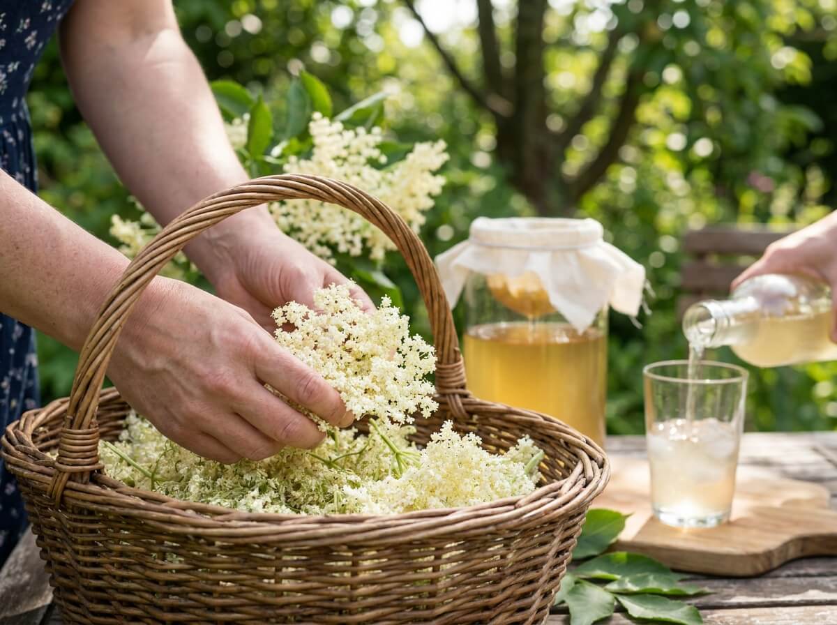 Close-up of creamy white elderflower clusters being harvested into a basket outdoors