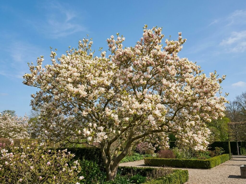 Large magnolia tree in full bloom with white and pink cup-shaped flowers against blue sky