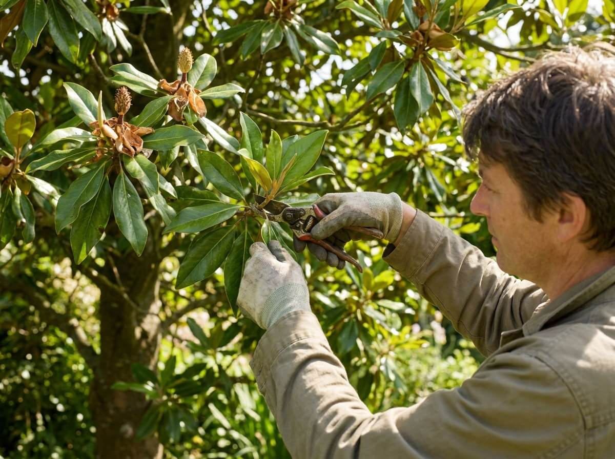 Gardener carefully pruning a magnolia tree branch with clean sharp secateurs in summer