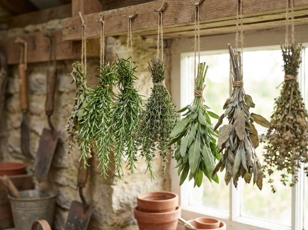 Bundles of freshly cut rosemary, thyme, and sage hanging upside down to dry indoors
