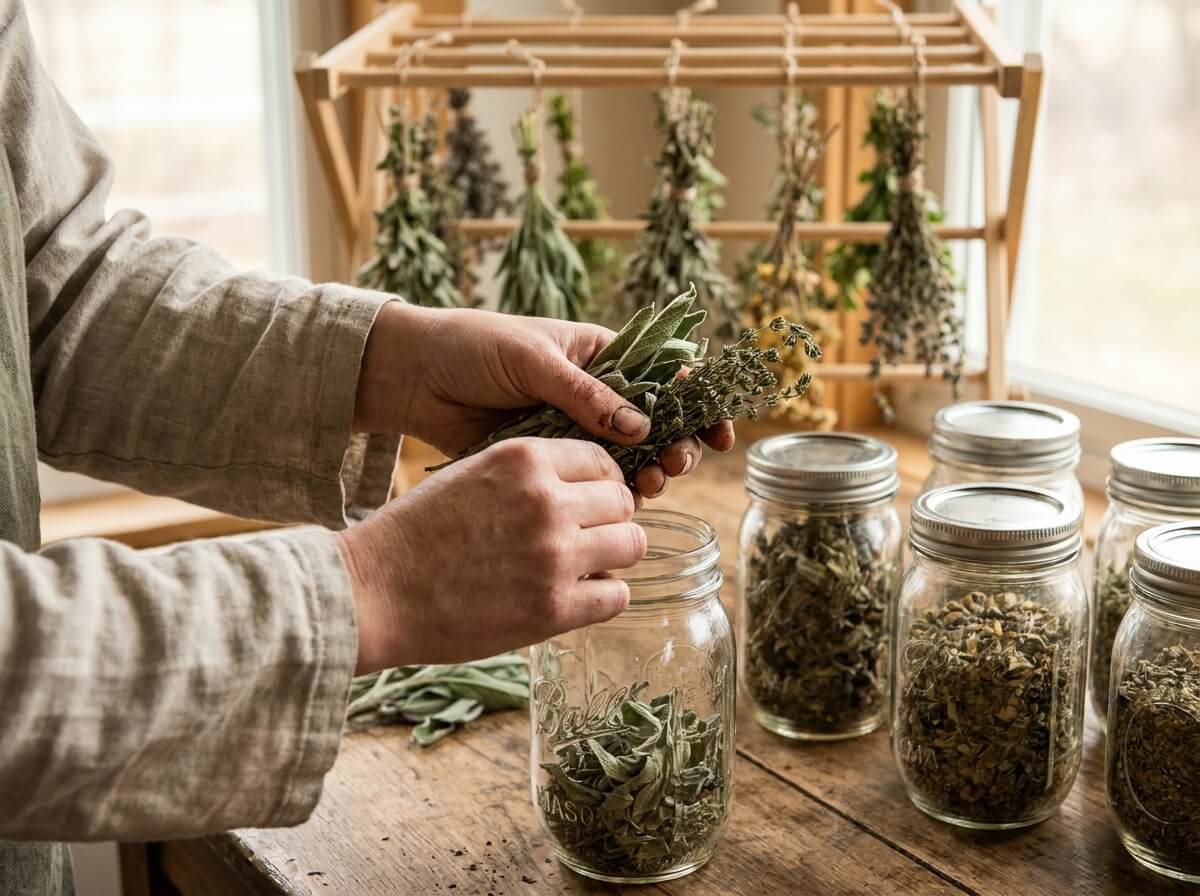 Hands stripping dried herb leaves from stems into a glass jar on a wooden table