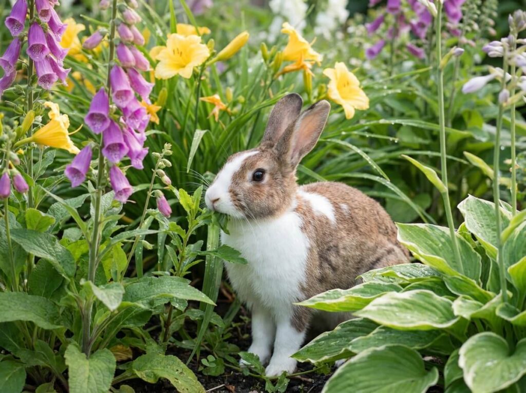 Domestic rabbit grazing freely in a summer garden near flowering plants