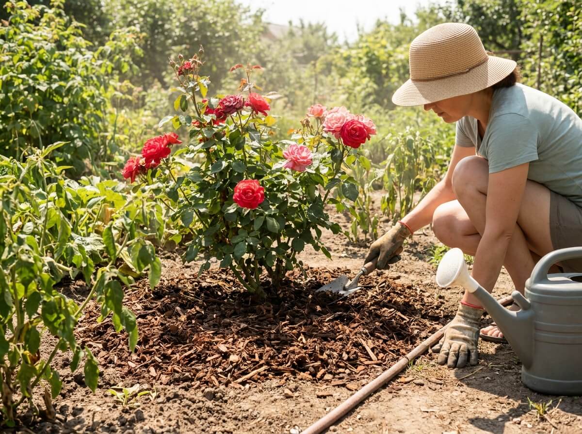 Gardener mulching base of rose bush to retain moisture in summer heat
