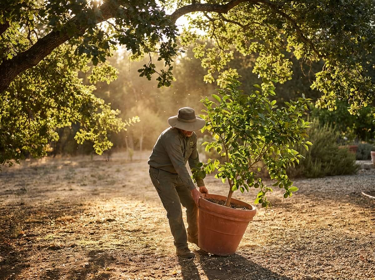 Gardener moving a potted lemon tree into dappled shade on a hot summer afternoon