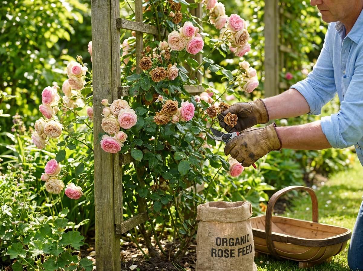 Gardener deadheading and pruning spent blooms on a climbing rose in summer sunshine