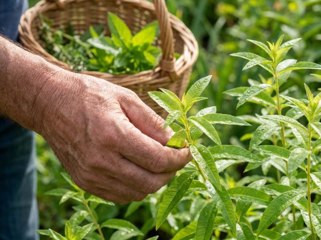 Close-up of fresh lemon verbena leaves being harvested by hand in a summer garden