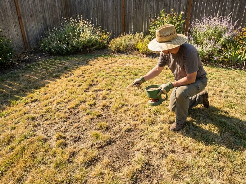 Gardener scattering grass seed over a patchy summer lawn in bright sunlight
