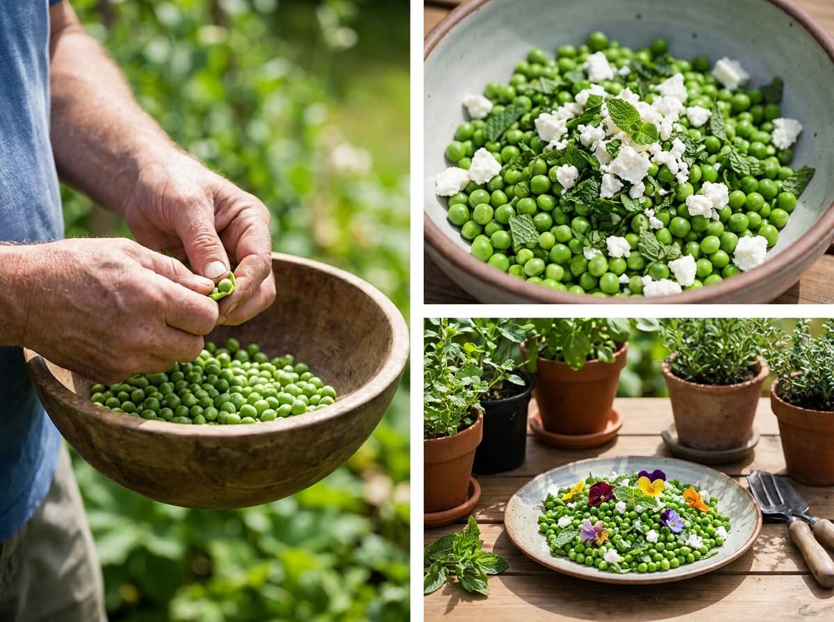 Hands shelling fresh peas into a wooden bowl in a summer garden