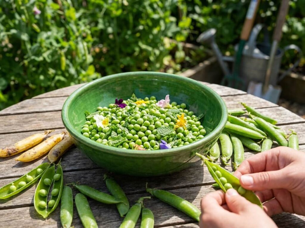 Fresh garden peas and mint leaves in a bright green summer salad bowl