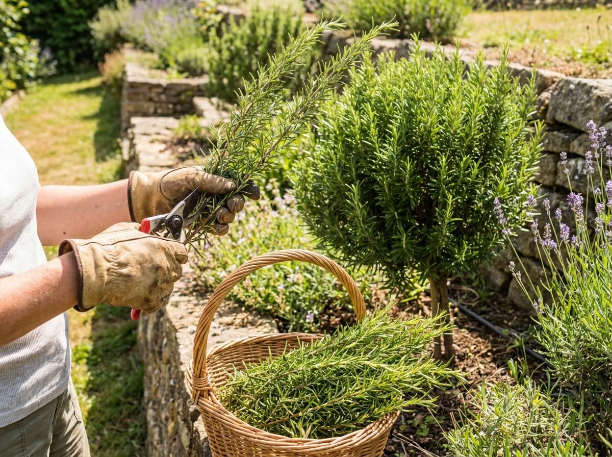 Gardener pruning back leggy rosemary stems with sharp secateurs in summer
