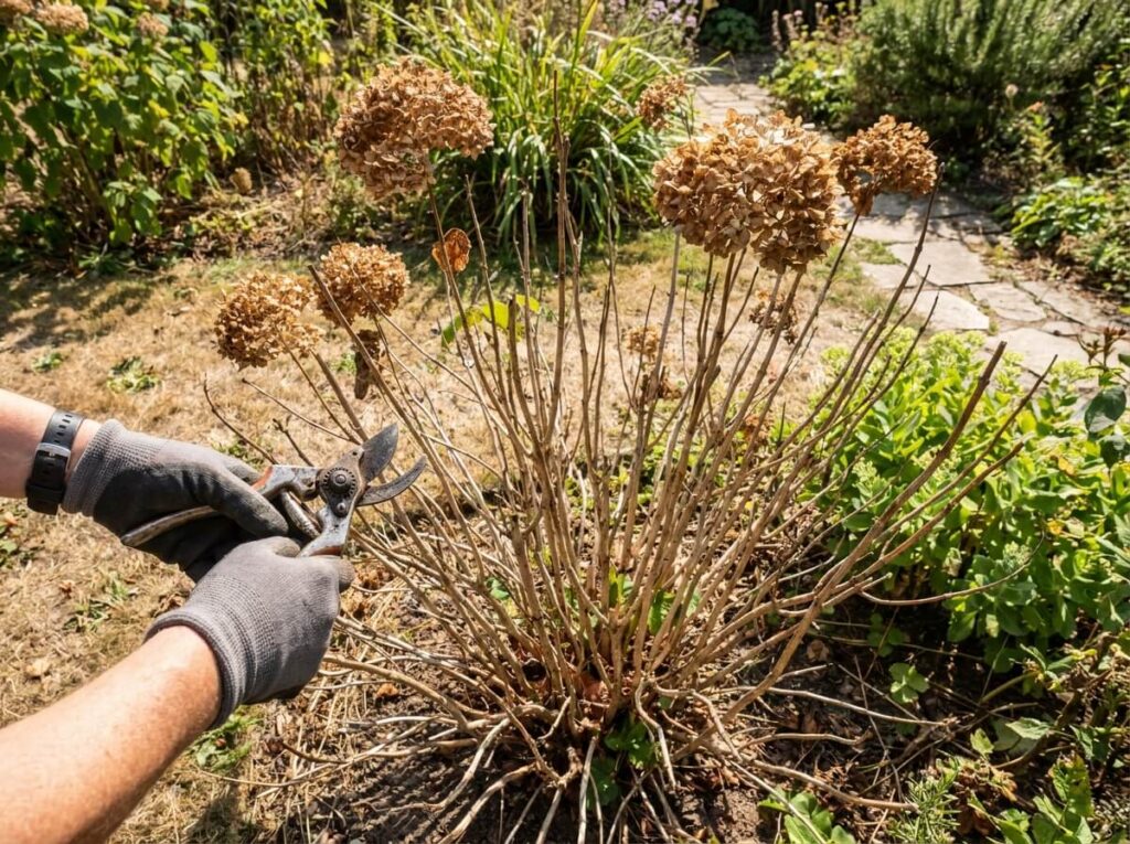 Gardener holding secateurs near a hydrangea shrub with faded mophead blooms in summer garden