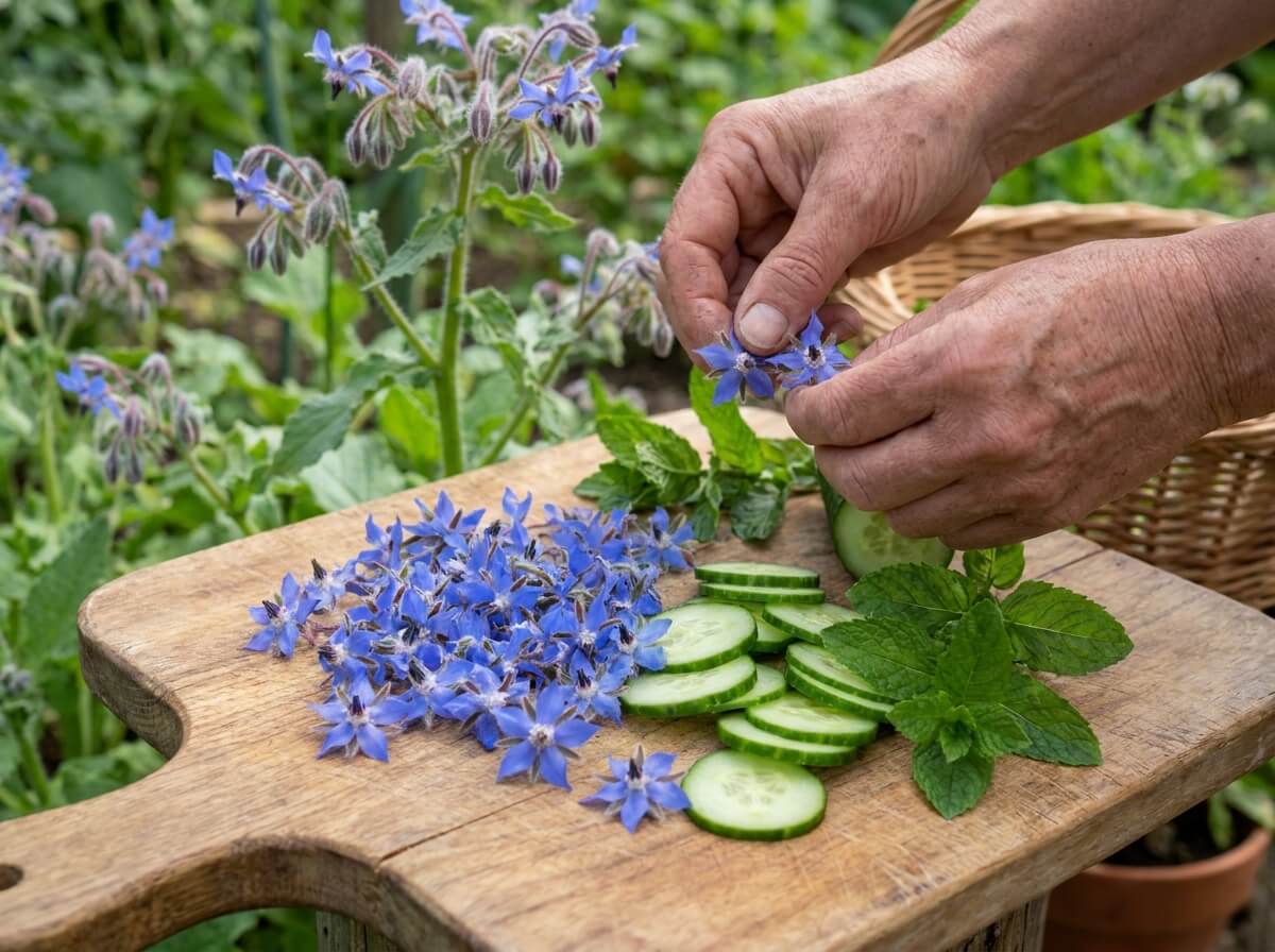 Close-up of freshly picked borage flowers and sliced cucumber on a wooden chopping board