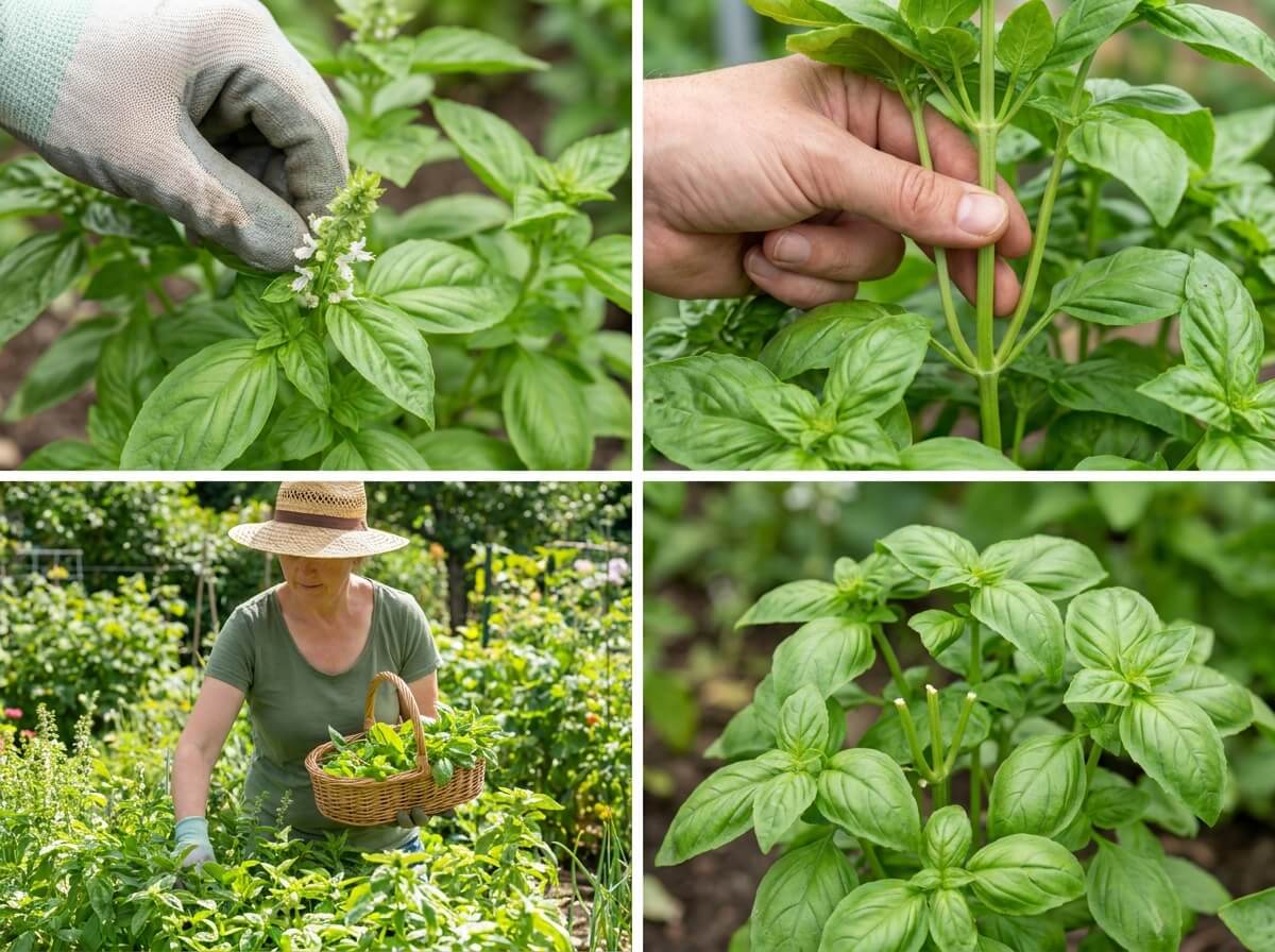 Gardener pinching off basil flower buds between thumb and forefinger