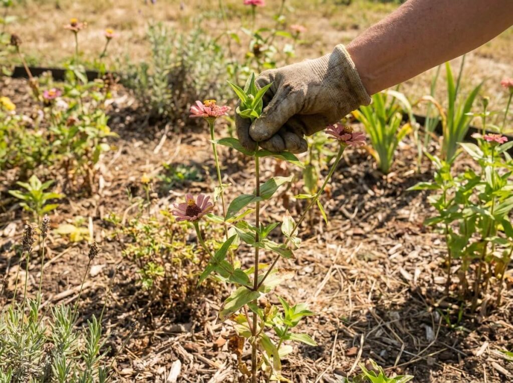 Close-up of gardener pinching the growing tip off a young zinnia plant in a sunny summer border