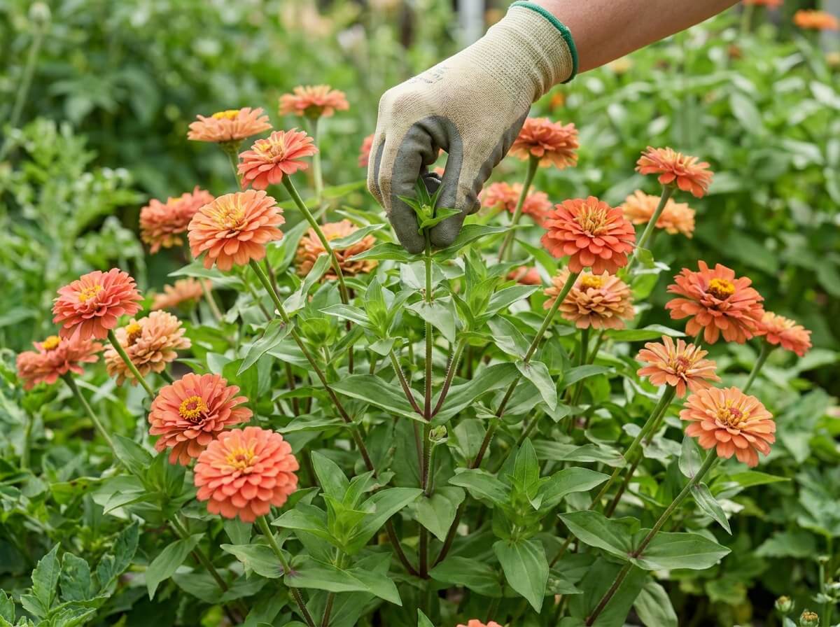 Dense zinnia plant with multiple branching stems and abundant coral and orange blooms after pinching