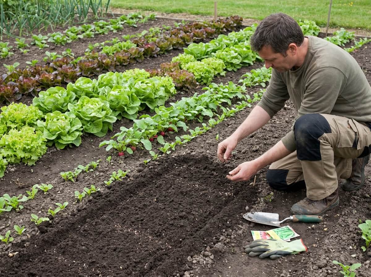 Several stages of lettuce and radish growth side by side in a vegetable plot showing succession planting rows