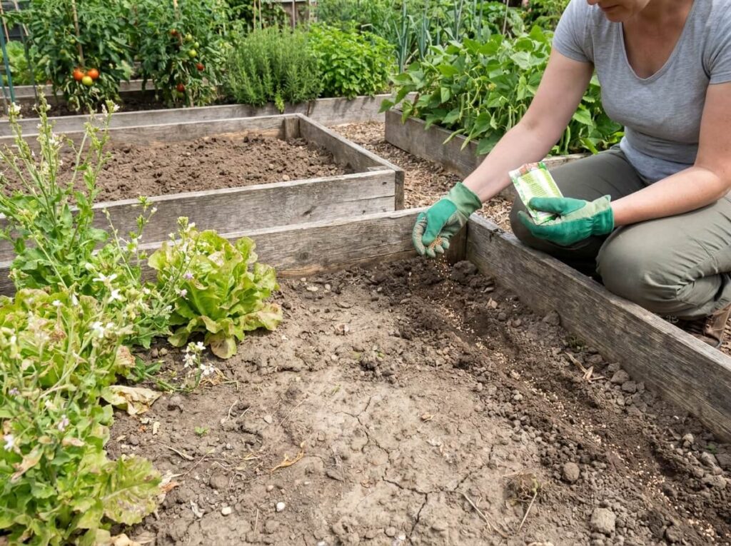 Gardener sowing rows of lettuce seeds in a raised kitchen garden bed in summer