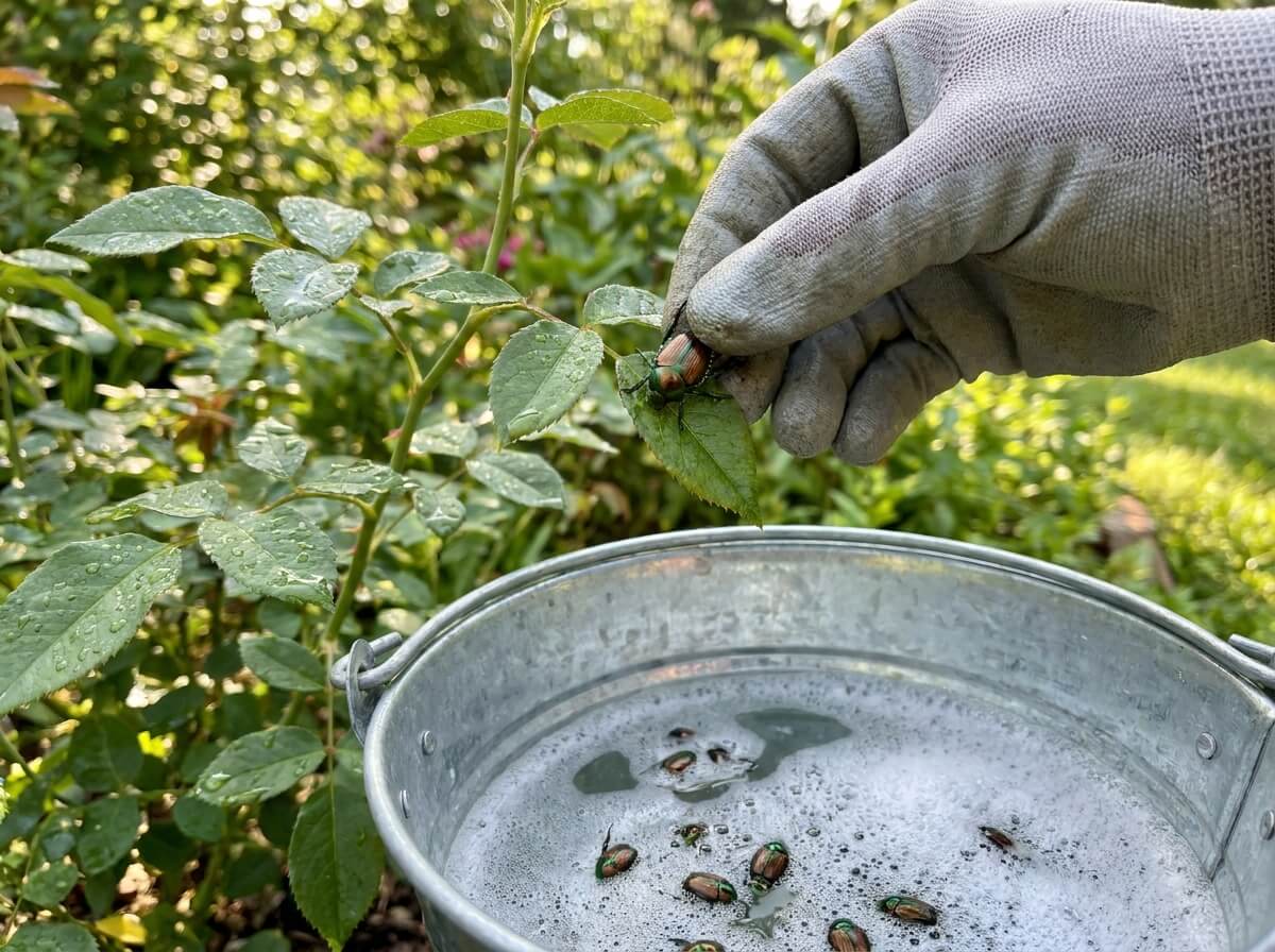 Gardener hand-picking Japanese beetles from a plant into a bucket of soapy water