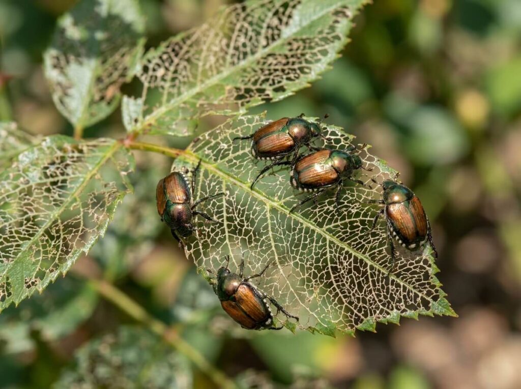 Close-up of Japanese beetles skeletonizing a rose leaf, leaving only the veins