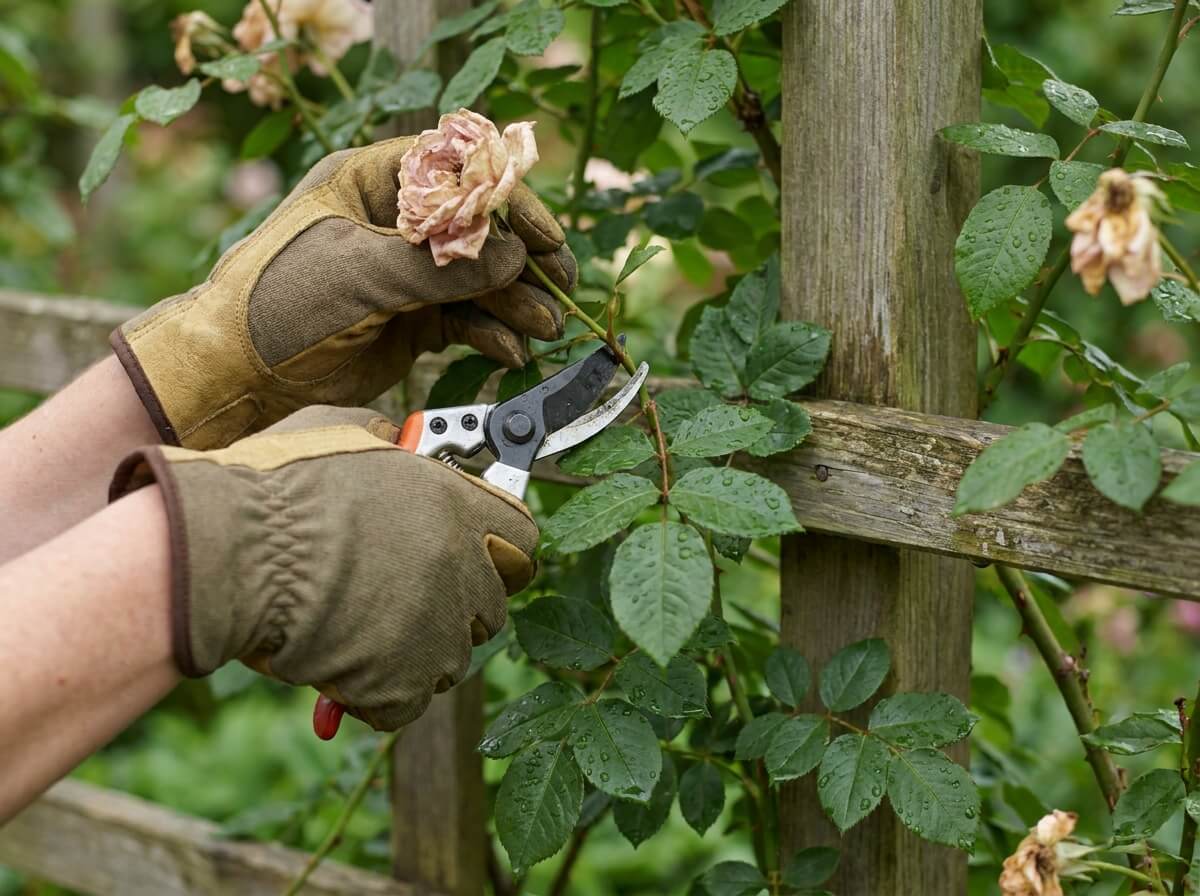 Gardener using secateurs to deadhead a climbing rose above a leaf cluster