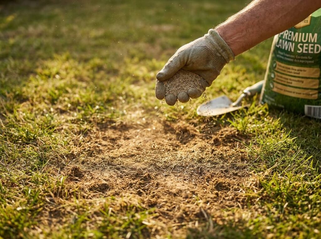 Hand scattering grass seed over bare patch of warm summer soil in a garden lawn