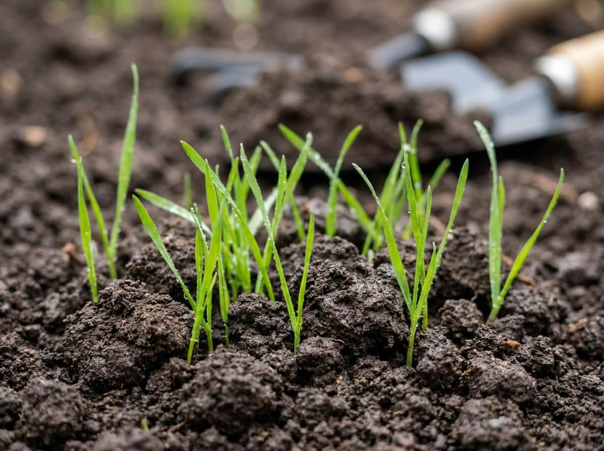 Close-up of young grass seedlings sprouting through dark moist topsoil