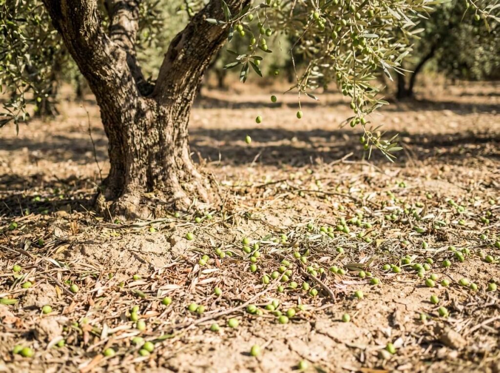 Small green olives scattered on dry ground beneath an olive tree in summer