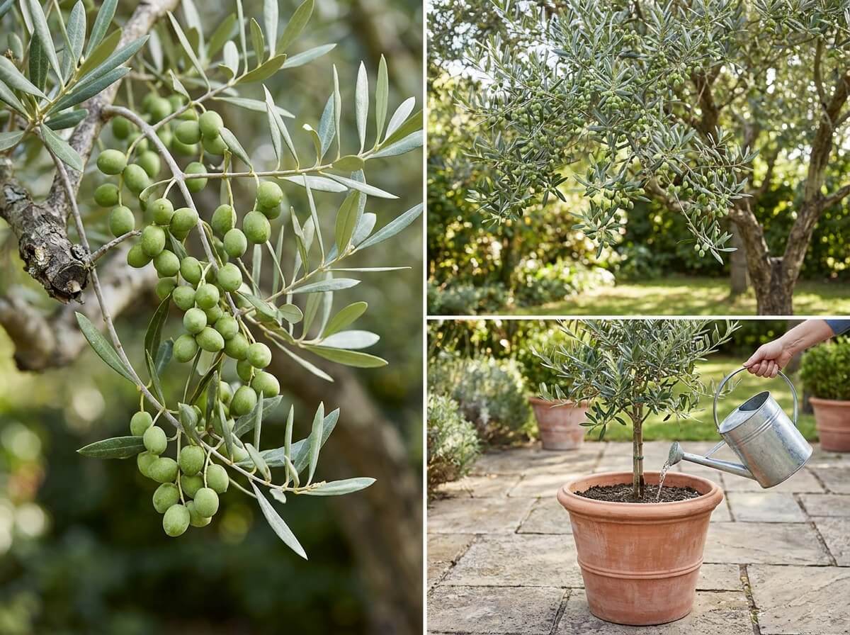 Close-up of an olive branch with pea-sized green olives clustered along the stem