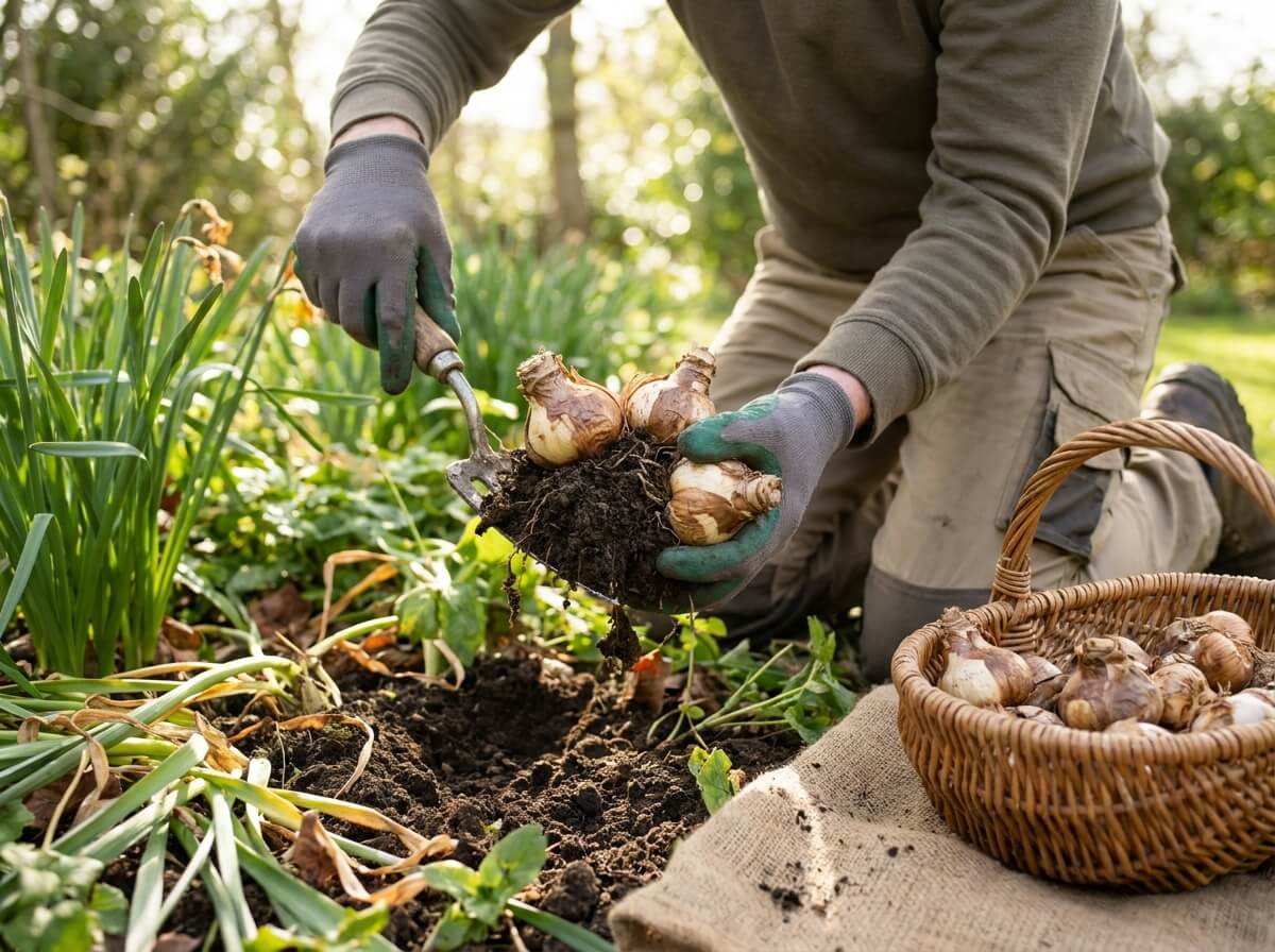 Gardener lifting and inspecting daffodil bulbs from soil in summer