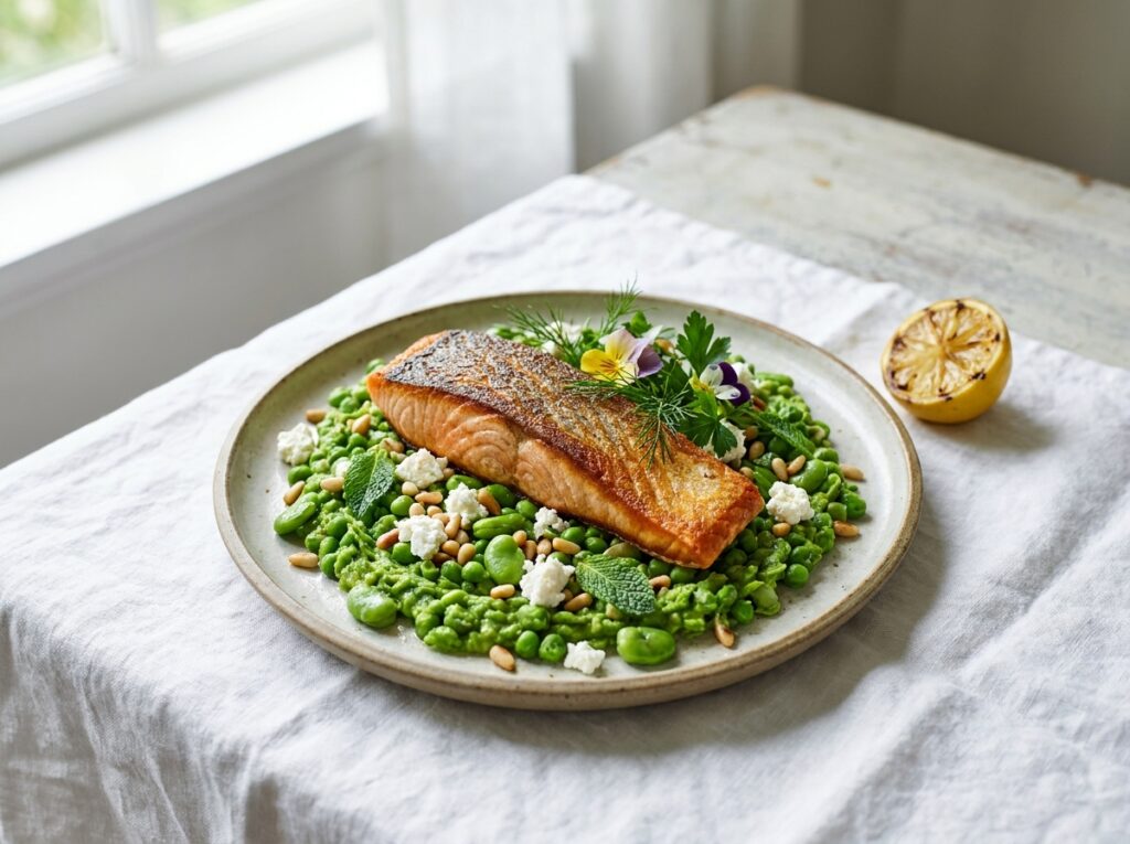 Crisp-skinned seared salmon fillet resting on a vibrant green crush of peas and broad beans, scattered with feta, pine nuts and mint, lemon wedge beside