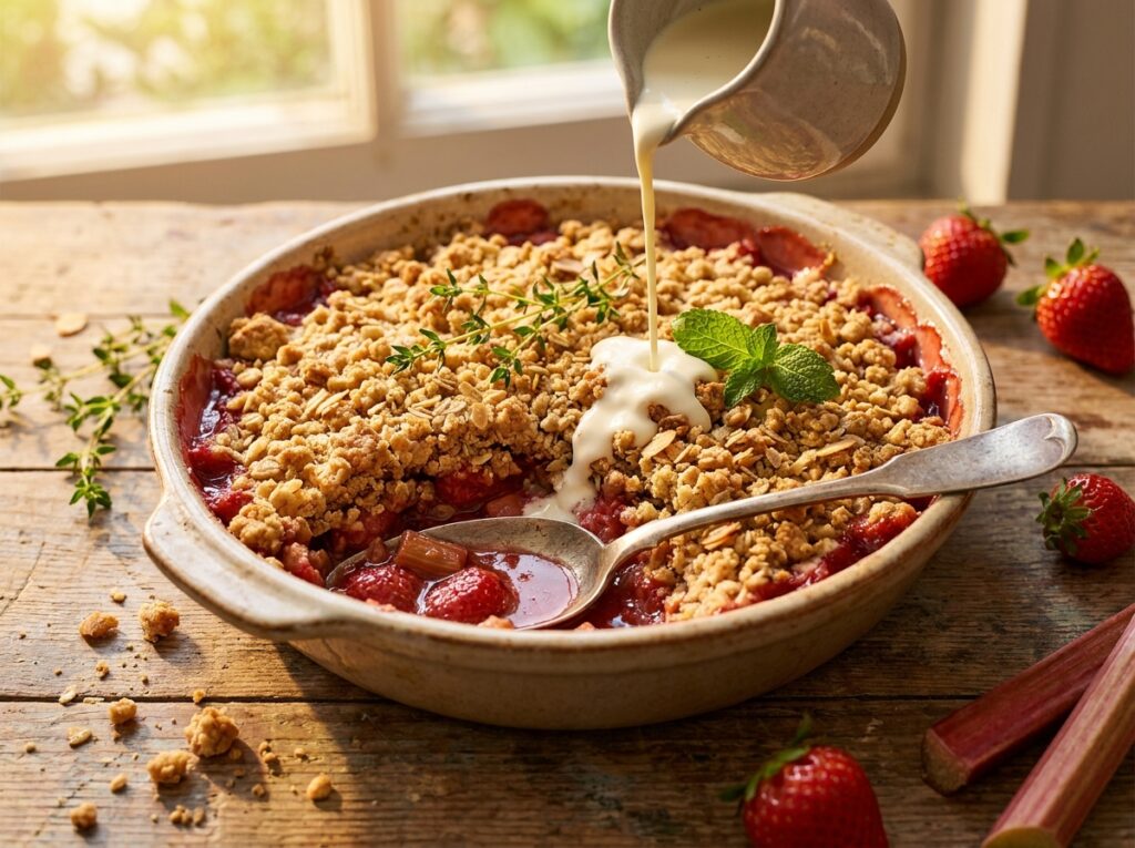 Golden almond oat crumble in a rustic baking dish with bubbling pink strawberry rhubarb filling, a scoop spooned out revealing the fruit, cream pouring over