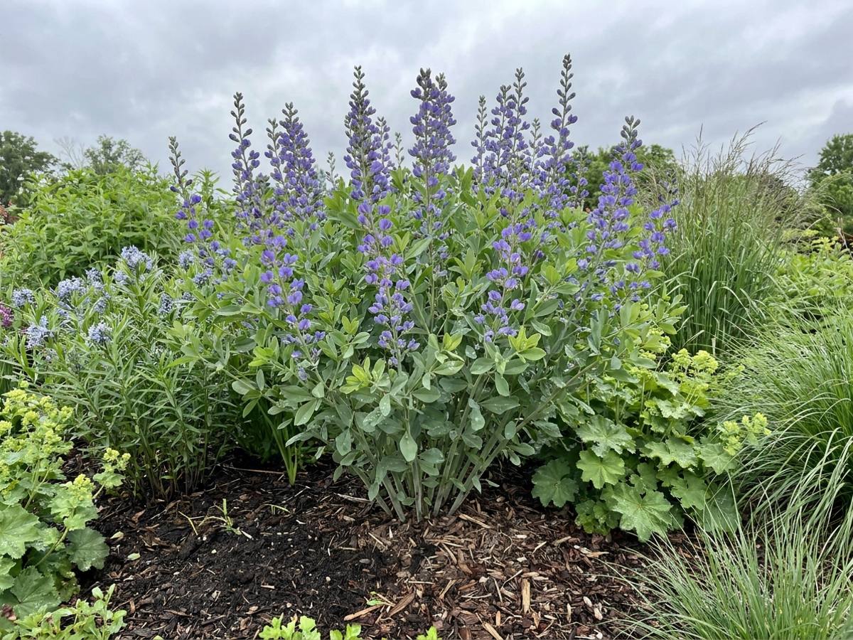 Baptisia australis growing in a garden border